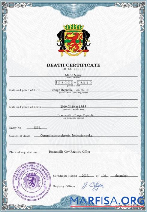 Realistic Congo vital record death certificate PSD template